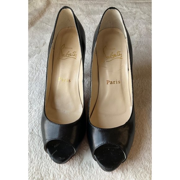 Christian Louboutin Sz.7.5/38 Black Leather Very Prive Peep Toe Platform Pumps - Picture 6 of 15